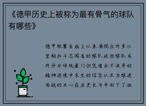 《德甲历史上被称为最有骨气的球队有哪些》